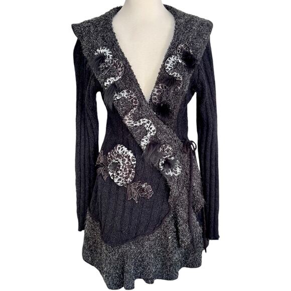 Vintage Y2K Forla Paris Mohair Wool Black Cardigan Steampunk Goth Victorian LRG - Picture 2 of 14